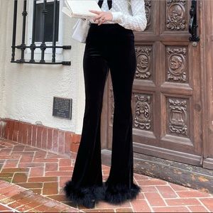 Black velvet feather trim pants